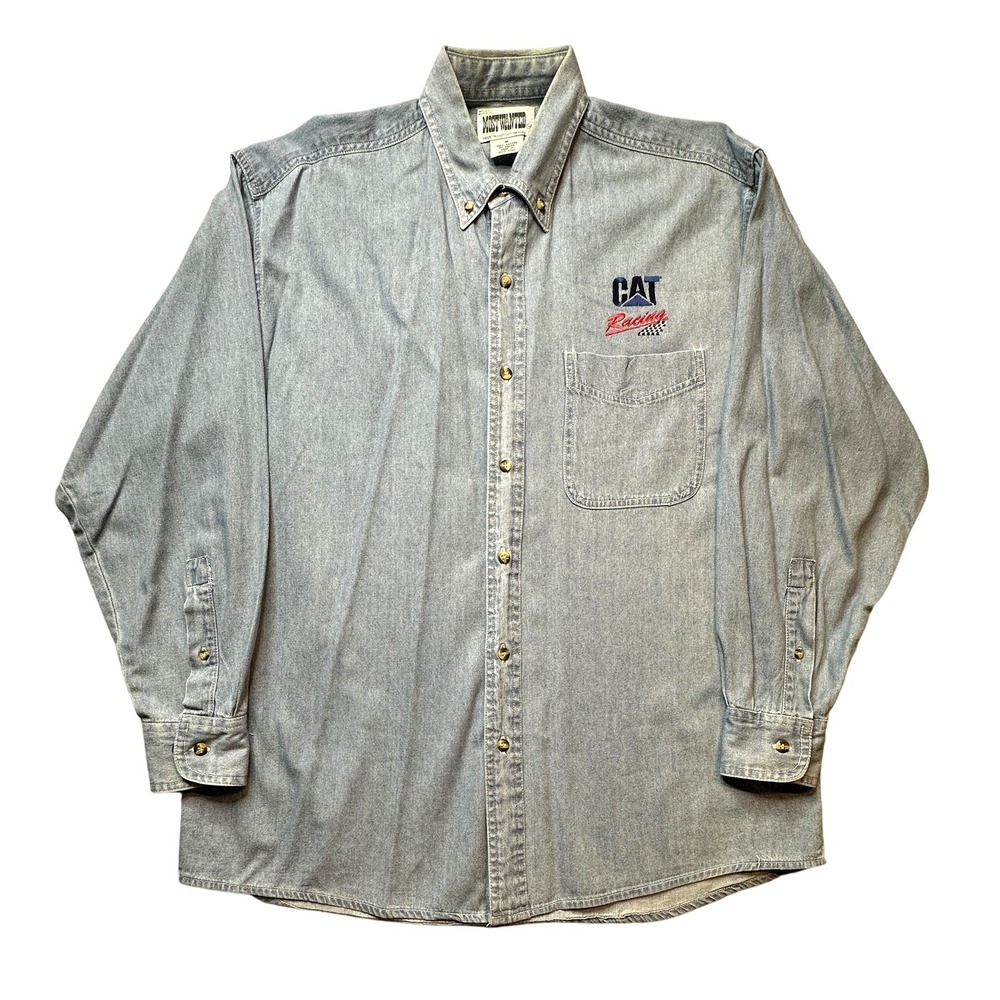 Vintage CAT Racing Shirt Mens Medium Blue Denim Button Down Most Wanted 90s